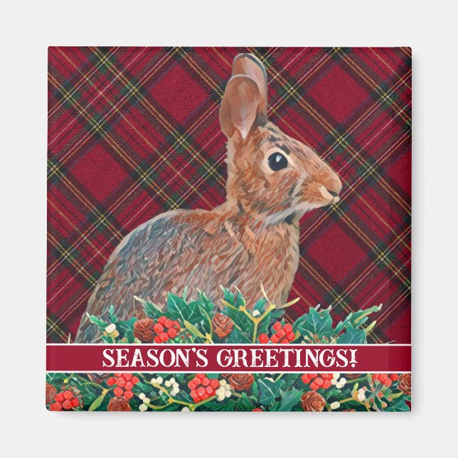 Rabbit with Holly Berries and Plaid Customizable Magnet (Front)