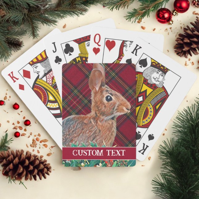 Rabbit with Holly Berries and Plaid Customizable Poker Cards (Christmas cards with a rabbit and custom text make a great, personal stocking stuffer!)