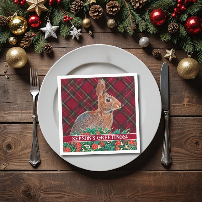 Rabbit with Holly Berries and Plaid Napkins (A classic plaid pattern and beautiful rabbit make for a wonderful cocktail napkin for your party.)