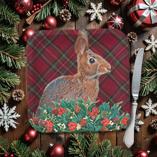 Rabbit with Holly Berries and Plaid Paper Plates