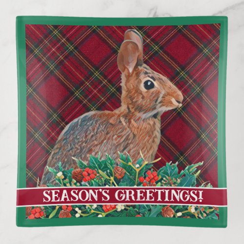 Rabbit with Holly Berries and Plaid Trinket Tray