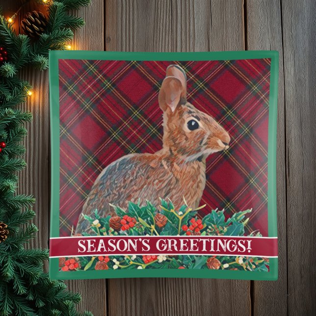 Rabbit with Holly Berries and Plaid Trinket Tray (This Christmas tray features a classic red and green plaid, cute rabbit, and custom text. )