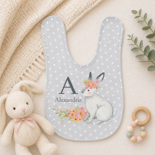 Rabbit with Pink Flowers Monogram Baby Bib