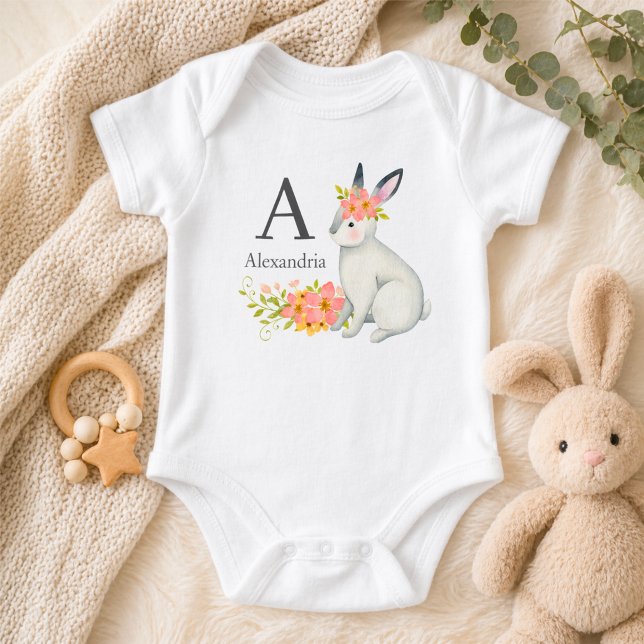 Rabbit with Pink Flowers Monogram Baby Bodysuit (Creator Uploaded)