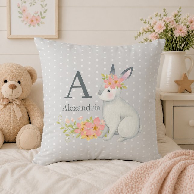 Rabbit with Pink Flowers Monogram Throw Pillow (Creator Uploaded)