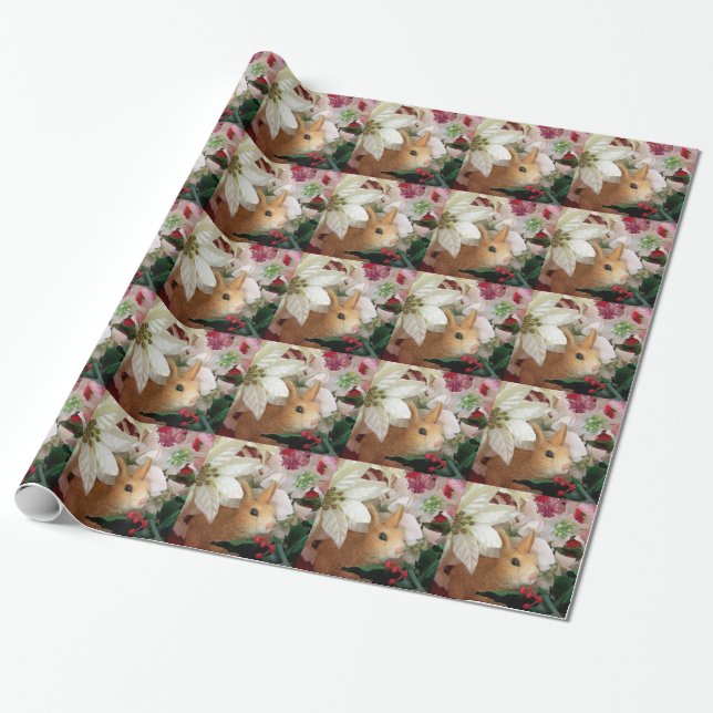 Rabbit With Pointsettias Christmas Wrapping Paper (Unrolled)