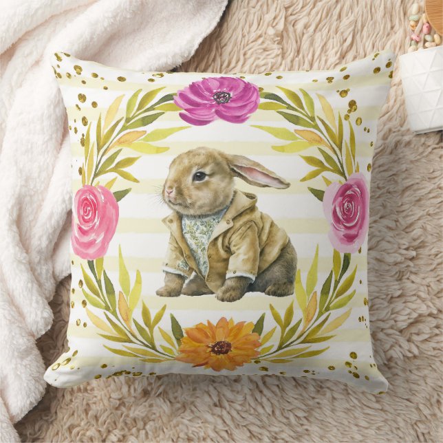Rabbit with Spring Flowers Throw Pillow (Blanket)