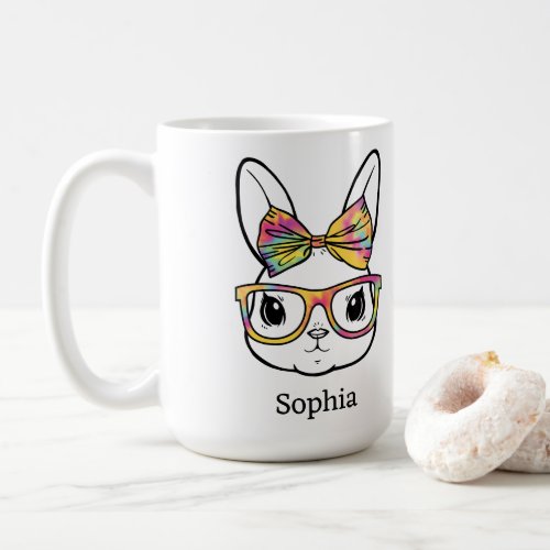 Rabbit with tye dye bow and glasses design coffee mug