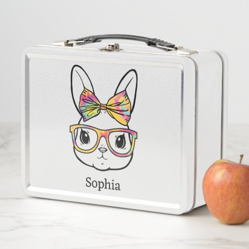 Rabbit with tye dye bow and glasses design metal lunch box