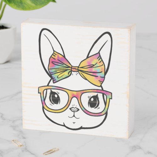 Rabbit with tye dye bow and glasses design wooden box sign