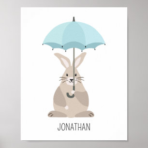 Rabbit with umbrella custom name nursery wall art