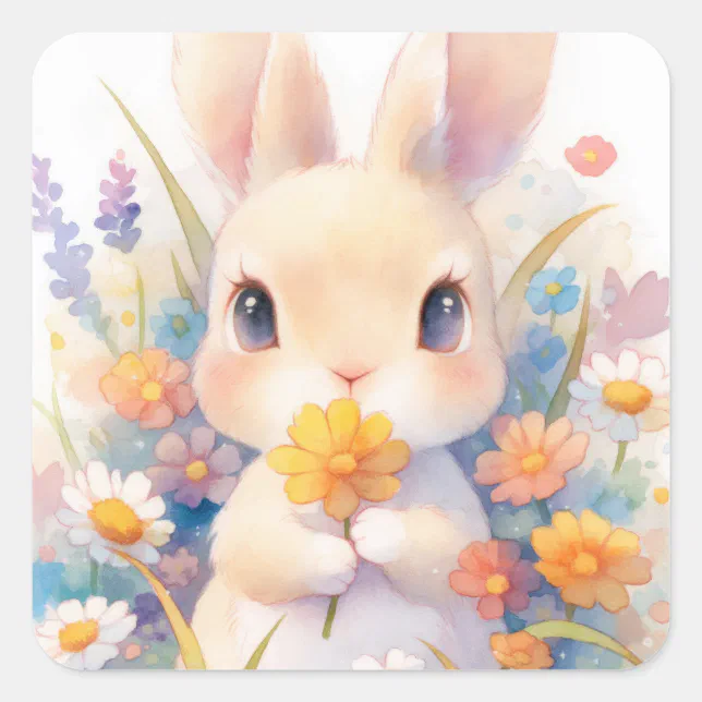 Rabbit with Yellow Flower and Spring Wildflower Square Sticker | Zazzle