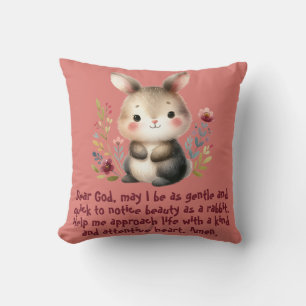 Rabbit Woodland Kids Christian Prayer on Pink Throw Pillow