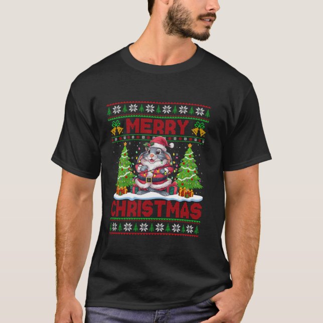 Rabbit Xmas Tree Lights Ugly Santa Rabbit Christma T-Shirt (Front)
