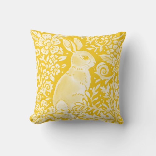 Rabbit Yellow Woodland Animal Floral Whimsical Throw Pillow