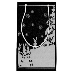 Rabbits and Christmas Tree Winter Holiday Art Small Gift Bag