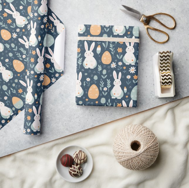 Rabbits And Eggs Garden Blue And Orange  Wrapping Paper (Crafts)