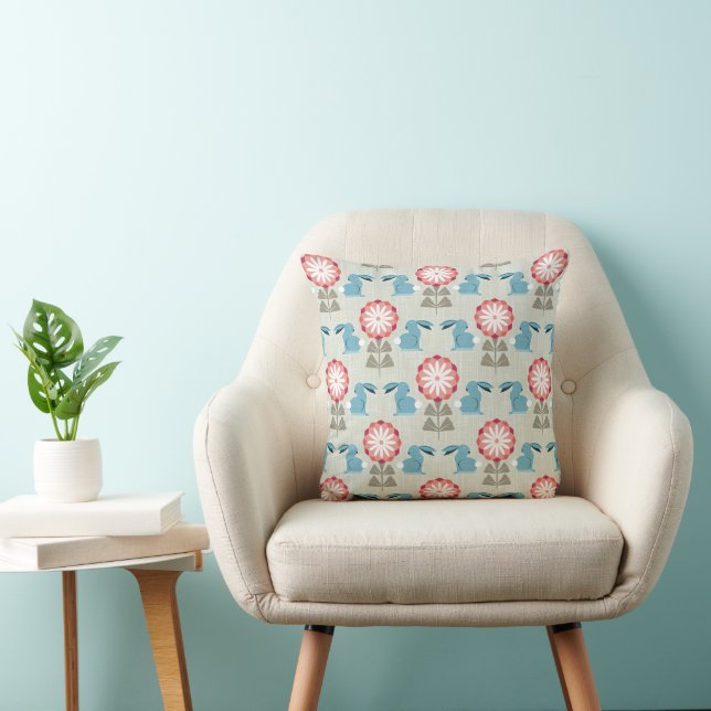 Rabbits and Flowers Throw Pillow (Chair)