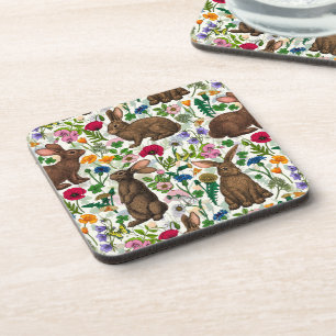 Rabbits and wildflowers beverage coaster