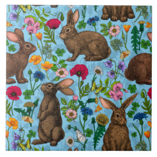 Rabbits and wildflowers ceramic tile