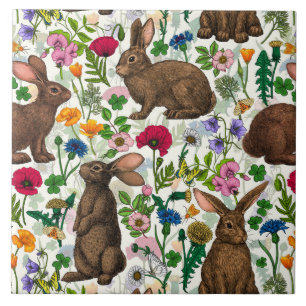 Rabbits and wildflowers ceramic tile