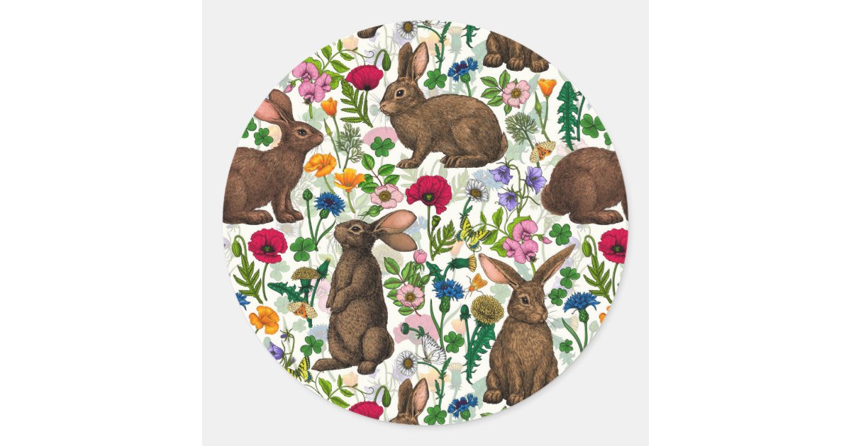 Rabbits and wildflowers classic round sticker | Zazzle