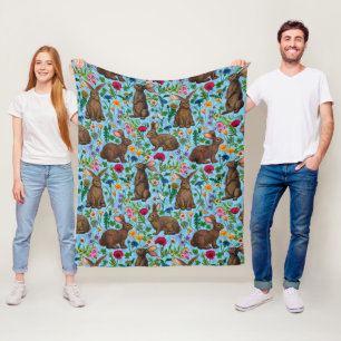 Rabbits and wildflowers fleece blanket