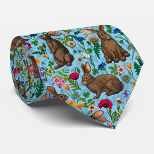 Rabbits and wildflowers neck tie