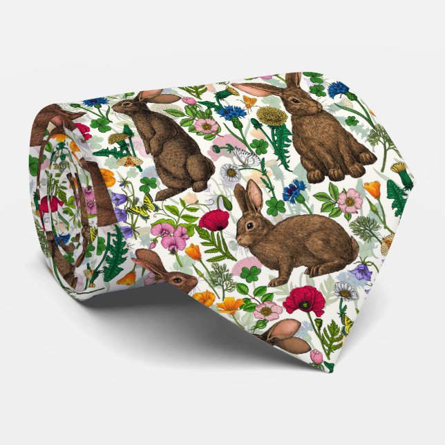 Rabbits and wildflowers neck tie (Rolled)