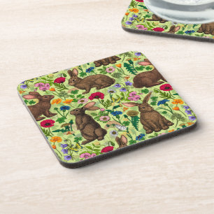 Rabbits and wildflowers on honeydew green beverage coaster