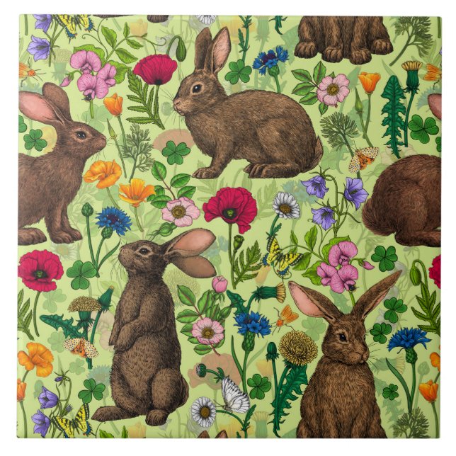 Rabbits and wildflowers on honeydew green ceramic tile (Front)