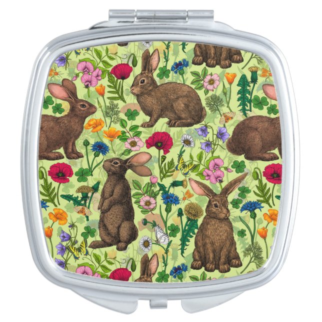 Rabbits and wildflowers on honeydew green compact mirror (Front)