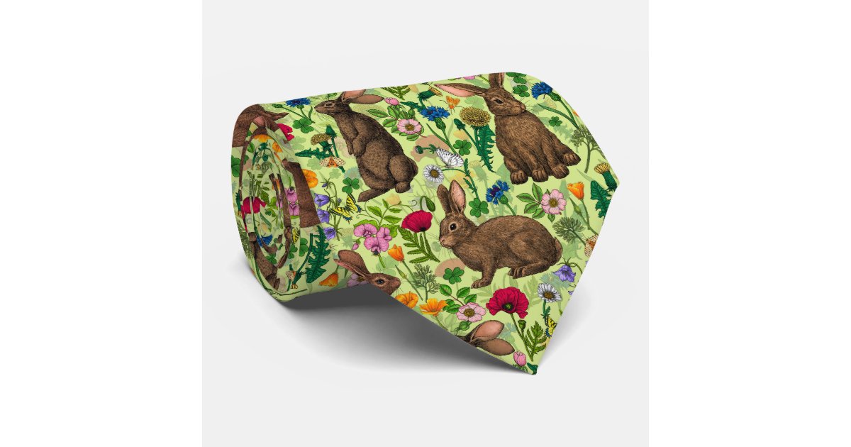 Ysl Necktie Rabbit Rabbits and wildflowers on honeydew green neck tie | Zazzle