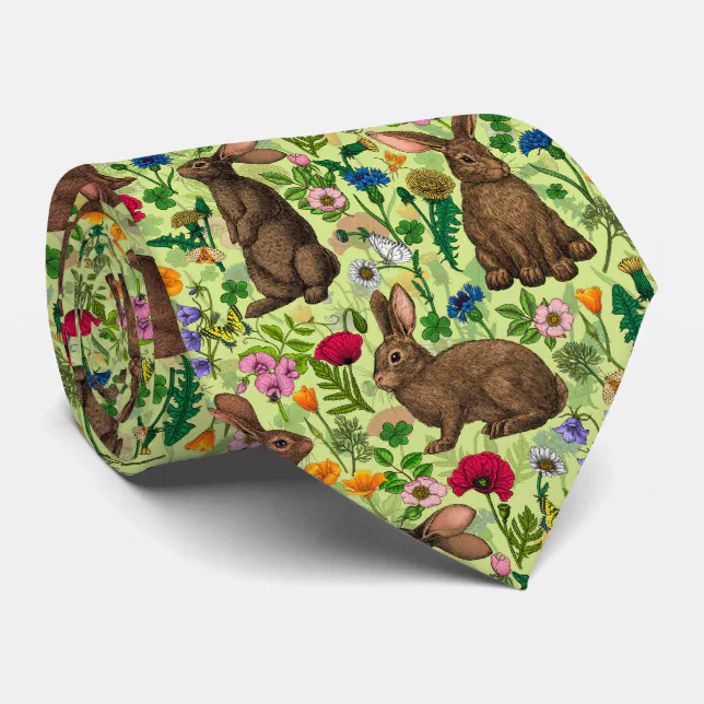 Ysl Necktie Rabbit Rabbits and wildflowers on honeydew green neck tie | Zazzle