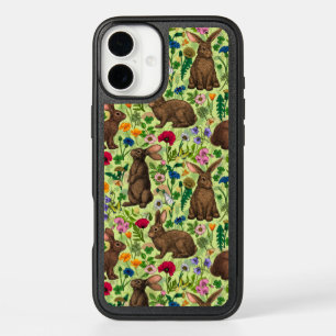 Rabbits and wildflowers on honeydew green iPhone 16 plus case
