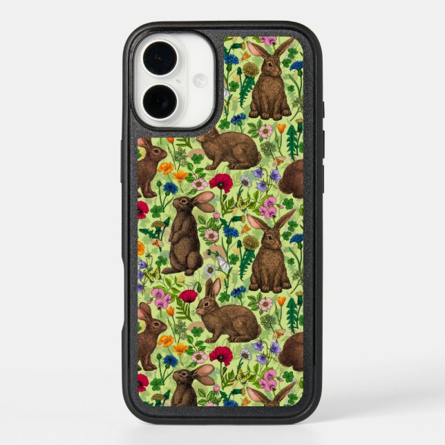 Rabbits and wildflowers on honeydew green otterbox iPhone case (Back)
