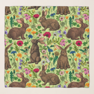 Rabbits and wildflowers on honeydew green scarf