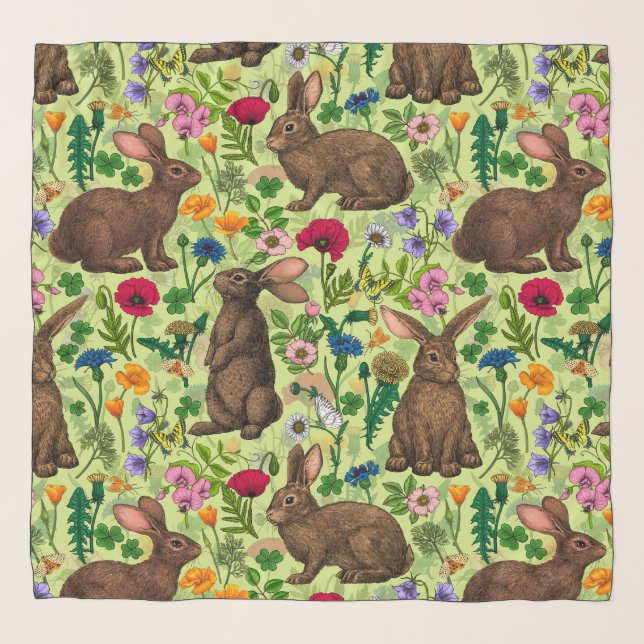 Rabbits and wildflowers on honeydew green scarf (Front)