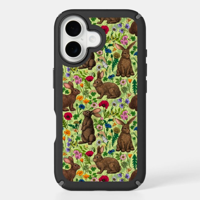 Rabbits and wildflowers on honeydew green speck iPhone case (Front)