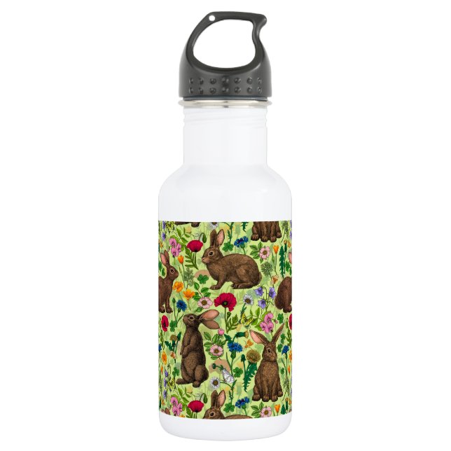 Rabbits and wildflowers on honeydew green stainless steel water bottle (Front)