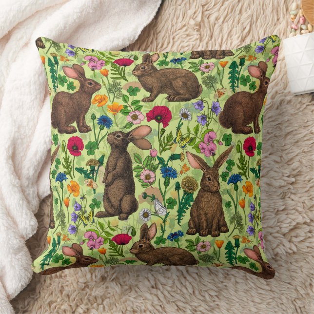 Rabbits and wildflowers on honeydew green throw pillow (Blanket)