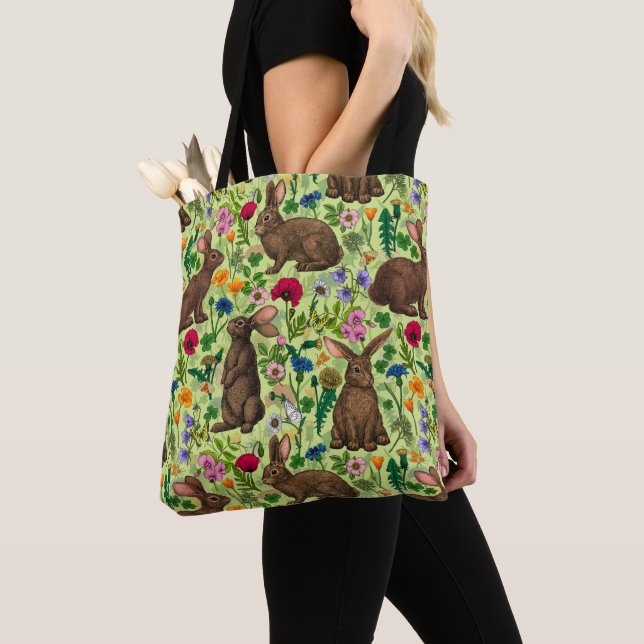Rabbits and wildflowers on honeydew green tote bag (Close Up)