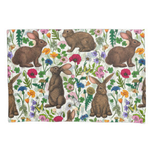 Rabbits and wildflowers pillow case