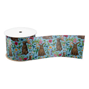 Rabbits and wildflowers satin ribbon