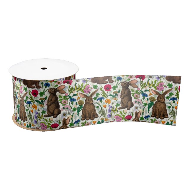 Rabbits and wildflowers satin ribbon (Spool)