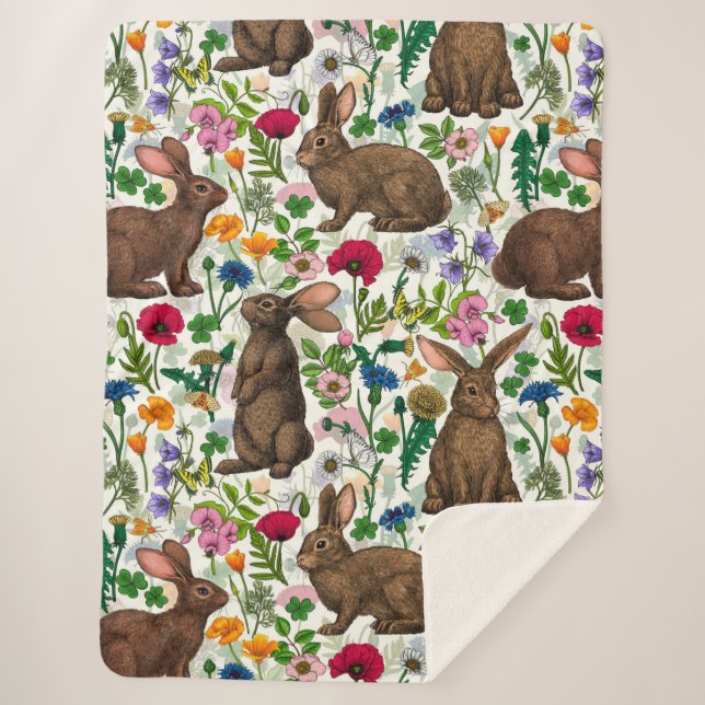 Rabbits and wildflowers sherpa blanket (Front)