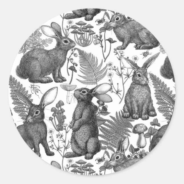 Rabbits and woodland flora 2 Classic Round Sticker (Front)