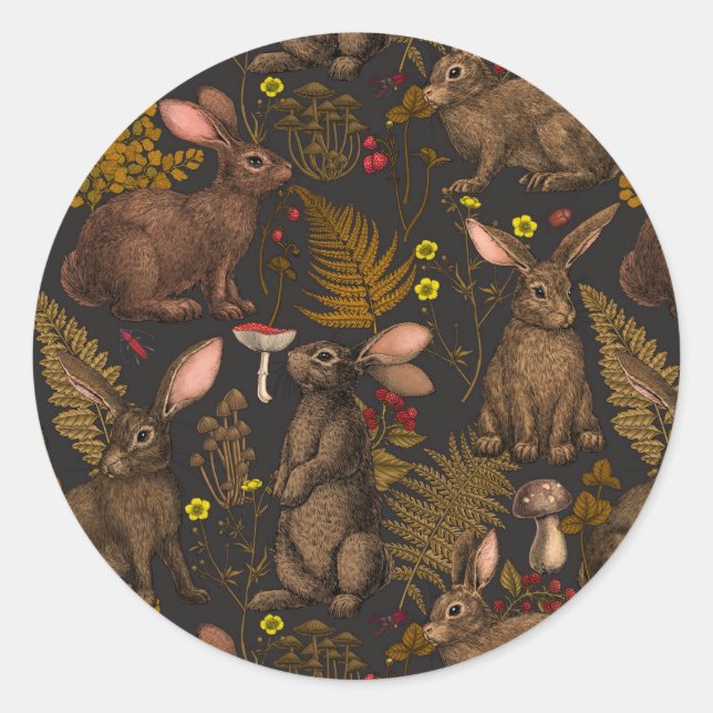 Rabbits and woodland flora 3 Classic Round Sticker (Front)