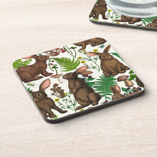 Rabbits and woodland flora 4 beverage coaster (Left Side)