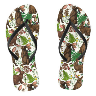 Rabbits and woodland flora 4 flip flops